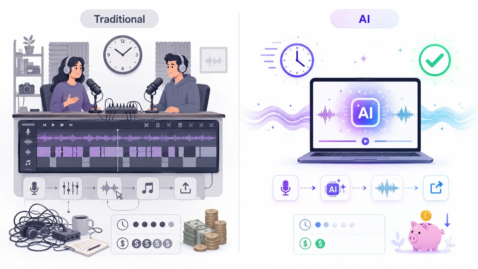 Geleneksel podcast ile yapay zeka podcast'i — kayıt eforu, süre ve maliyet karşılaştırması