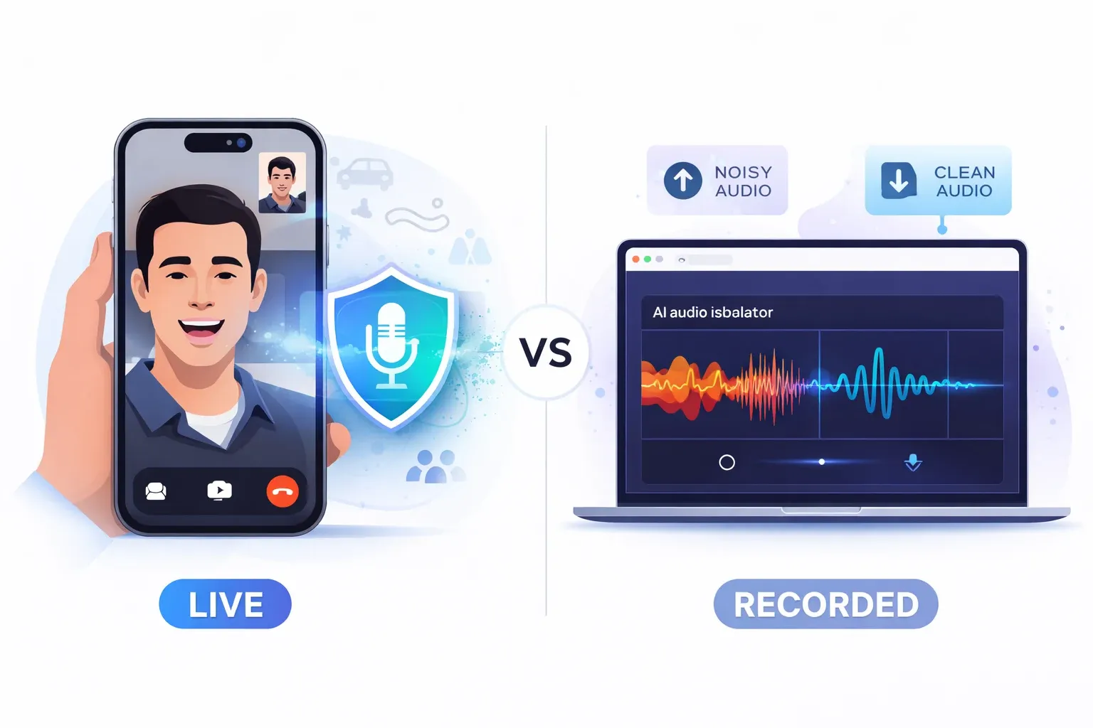 Live call voice isolation vs AI audio isolator for recorded files - comparison showing when to use each tool