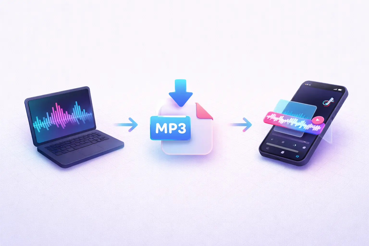 Workflow-Diagramm, das zeigt, wie man ein externes KI-Voiceover zu TikTok hinzufügt — Audio generieren, MP3 herunterladen, in TikTok oder CapCut importieren, synchronisieren und veröffentlichen