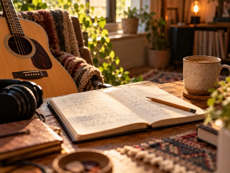 Um caderno aberto com letras escritas à mão ao lado de um violão, fones de ouvido e uma xícara de café