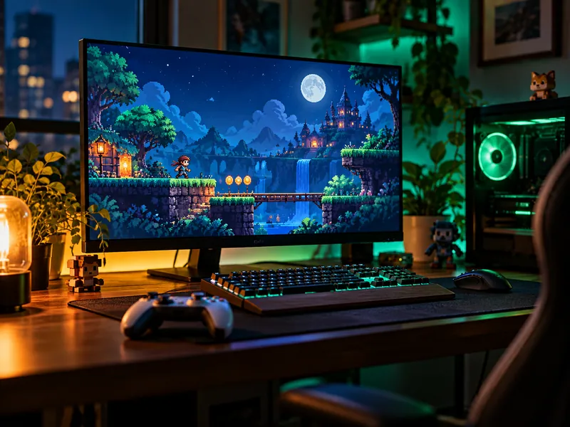 Mesa gamer à noite com um jogo de plataforma em pixel art no monitor, um teclado iluminado e um controle