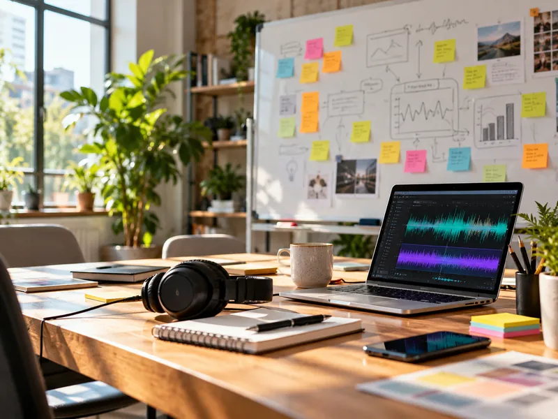 Fones de ouvido e um notebook mostrando uma forma de onda sonora sobre uma mesa de reunião, diante de um quadro branco cheio de post-its