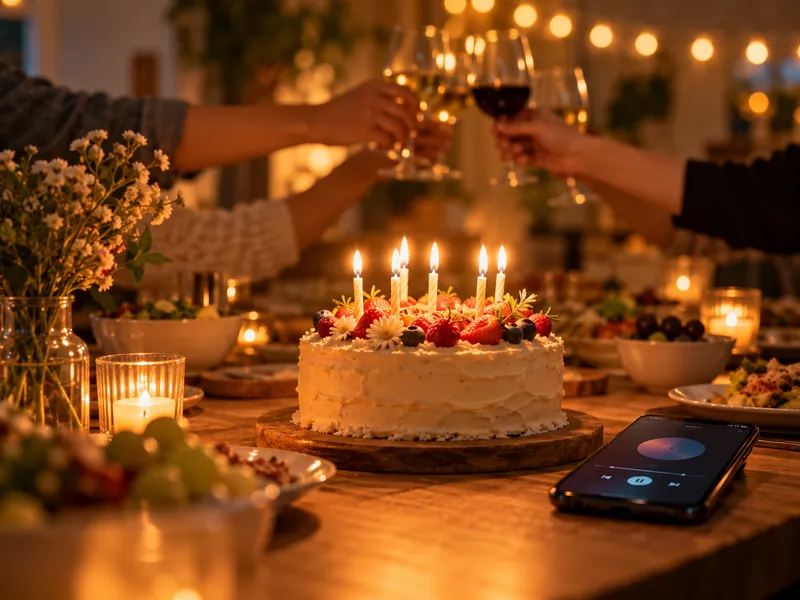 Amigos brindando sobre um bolo de aniversário com velas acesas, enquanto um celular toca uma música em cima da mesa