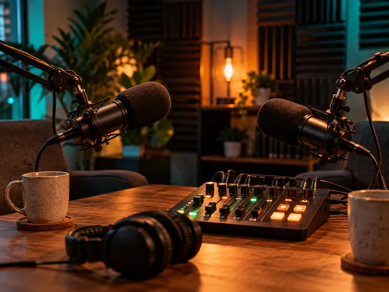 Dois microfones de podcast em braços articulados, um de frente para o outro, sobre uma mesa de som e fones de ouvido, num estúdio com luz quente