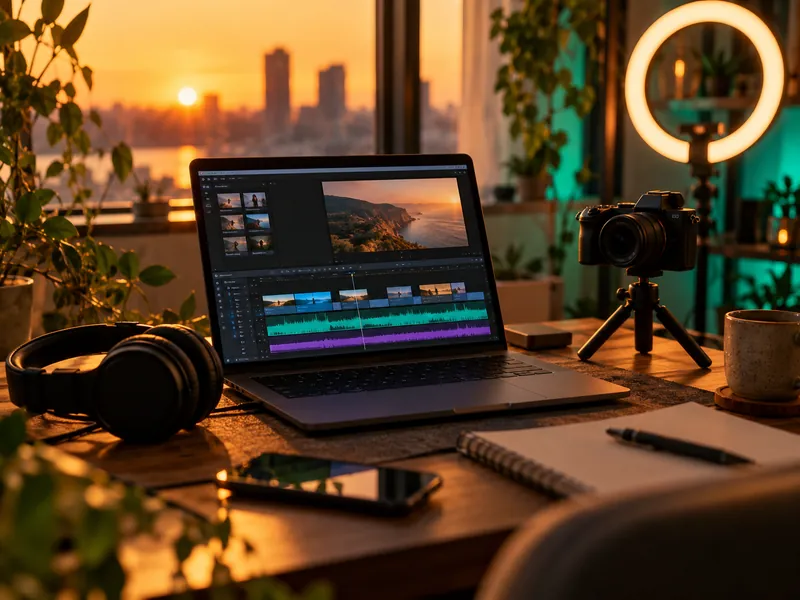 Mesa de um criador de conteúdo ao pôr do sol, com um notebook mostrando a linha do tempo de um vídeo e uma faixa de música, fones de ouvido e uma câmera no tripé